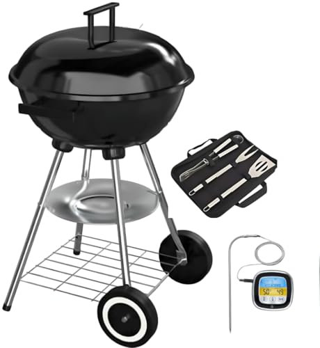 Barbecue à Charbon de Bois Rond Livona + 3 ustensiles + thermomètre | 4 pieds (stable) avec Couvercle (fumoir) et Roulettes, Noir, Acier Inoxidable, pieds chromés