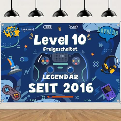 Tasoraor Game Deko 10. Geburtstag Banner - Gaming Geburtstagsdeko Level 10 Hintergrund 150 x 100 cm, Stoff Gamer Partybanner für 10. Junge Kindergeburtstag Dekoration