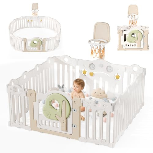 SOFTHOM Laufstall Baby Faltbar 150x150, Groß Laufgitter Baby mit Mini-Basketballkorb, XXL Tragbar Playpen mit Tür für Babys&Kleinkinder, Montessori Spielboard&Babyzaun Kunststoff für Innen&Außen