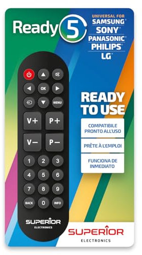 Superior Ready 5 - Télécommande Universelle Auto-apprenante pour Tous Les téléviseurs et Smart TV - Prête à l’Emploi pour LG, Samsung, Sony, Panasonic, Philips - Grandes Touches et Utilisation Facile