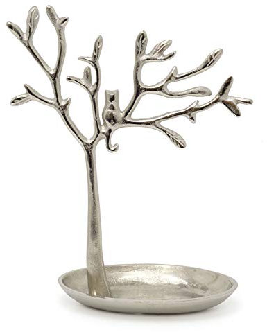 Carousel Home Gifts 31cm Silver Metal Tree Of Life Jewellery Stand | Aluminium Tree Necklace Organiser | Ring Holder Cat Ornament