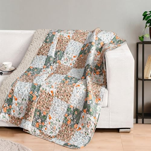 Exclusivo Mezcla 50x 60 Quilted Throw Blanket- Microfiber Quilt Throw with Boho Patchwork Pattern, Reversible Camel Versatile Lap Quilt for All Seasons, Lightweight Throws for Bed/Couch/Sofa
