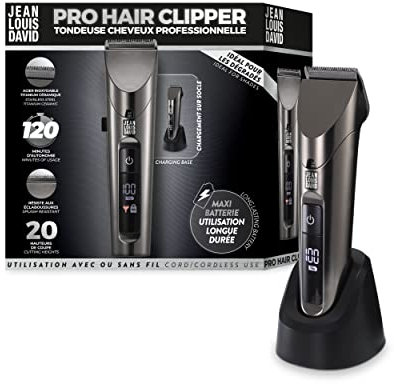 Jean Louis David - Tondeuse Cheveux Pro Hair Clipper - Lames Acier Inox - Revêtement Titanium Céramique - 20 Hauteurs - 120 Min Autonomie - Sans Fil - Accessoire Coupe Homme Précise et Polyvalente