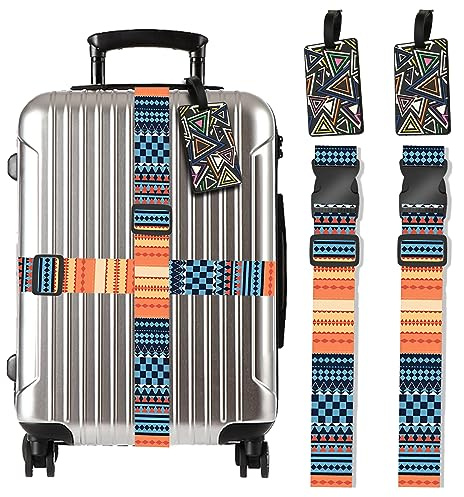 Movstriker 2 Pack Luggage Straps for Suitcases, Personalised Suitcase Straps with 2 Luggage Tags, Adjustable Heavy Duty Luggage Belt with Quick Release Buckle Suitcase Belts Travel Accessories