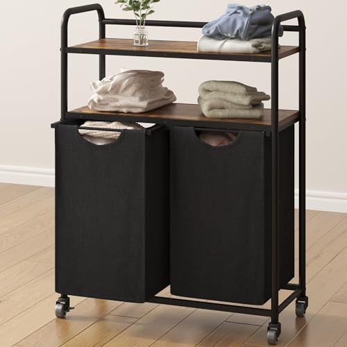 Hzuaneri Cesto para la Ropa Sucia, Cesto para la Ropa Sucia, Clasificador de Ropa con 2 Bolsas extraíbles, Estante de 2 Niveles, Estructura de Metal, 73 x 33 x 102 cm, Marrón y Negro LB08801B