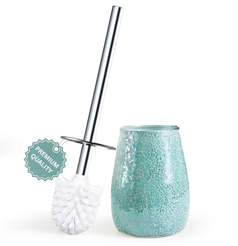 Escenzy Turquoise Green Toilet Brush and Holder Set Mosaic Glass | Non-Rustic Stainless Steel | Practical & Decorative Toilet Bowl Brush and Holder | Luxury Green Bathroom Accessories