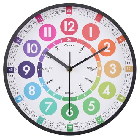 Warmiehomy Kids Time Learning Wall Clock Colourful Small Time Teaching Wall Clock Silent Learn to Tell the Time Kids Wall Clock With Black Hands For Bedroom Study Kids Room,25cm (Black Frame)
