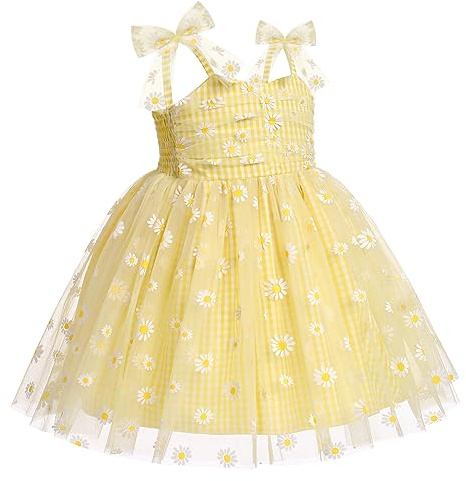 IDOPIP Bébé Fille Tulle Robe d'été Couches Arc - en - Ciel Princesse Mariage fête d'anniversaire Robe Jaune 110