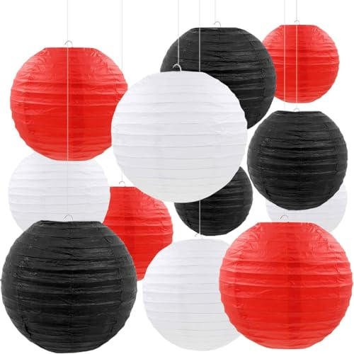 12pcs Black Red White Paper Lanterns,Round Hanging Paper Lampshade,Birthday,Baby Shower,Wedding,Party,Ceiling Decoration（4 6 8 10 ）