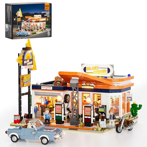 FUNWHOLE City Gas-Station - Juego de ladrillos de construcción de iluminación – Colección de estación de servicio modular de coche de viaje por carretera, juego de construcción de luz LED de 1608