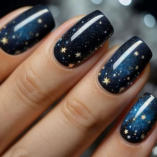 Ceboic Lot de 24 Français Faux Ongles Courts Carrés Acrylique Ongles Paillettes Bleu Foncé Press on Nails avec Ciel étoilé Design Réutilisables Couverture Complète Ongles à Coller pour Femme Fille