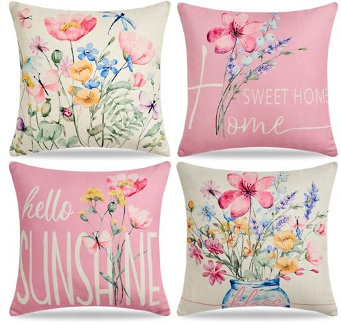 Voreppy Cushion Covers Flower 45 x 45 cm Waterproof Linen Outdoor Pink Floral Green Leaves Decorative Pillow Covers for Sofa Couch Bed Home Garden Outdoor Decor Set of 4
