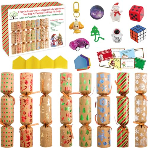 ceiba tree Christmas Crackers Poppers Kraft Gold Foil 8 Pcs Prefilled with Prizes Gift Toys & Hat & Joke Inside Non-Snap No Popping Party Favors Games Activities for Kids Adults Family