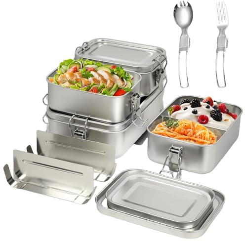 Bekasa 4 piezas Fiambrera Acero Inoxidable, 1400/850/550ML Lunch Box Caja Bento con 2 Compartimentos, tenedor y cuchara Bento Lunch Box para la escuela, camping, oficina, niños, adultos