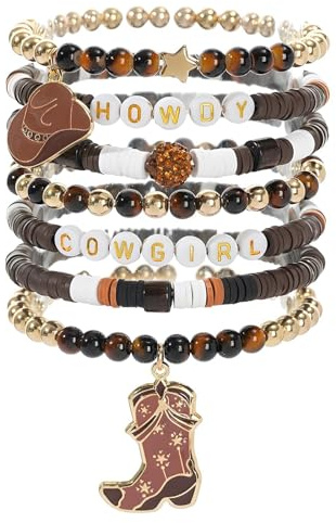7 PCS Cowgirl Beaded Bracelets for Women, Stackable Boho Jewellery UK Accessories, Western Jewellery Summer Bracelets Brown with Cowgirl Hat and Boots Charms Y2K Style, Friendship Gifts for Female