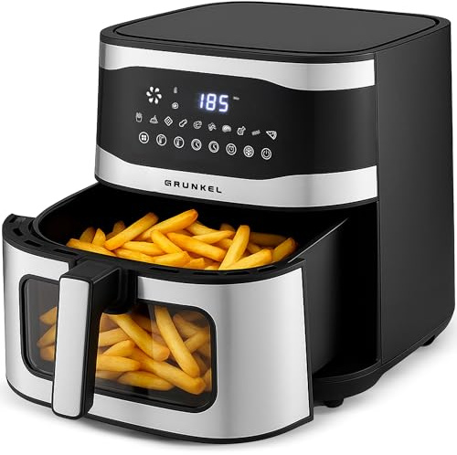 GRUNKEL MAXISTEELFRYER, Freidora de Aire 9L, 2200W, 10 Funciones, Tecnología Fry Force 360°, Temperatura 80-200°C, Temporizador 60 min, Ventana Visible