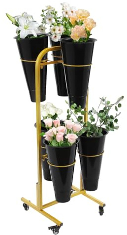 haohang Carrello portafiori a 2 Ripiani con 6 secchi e Ruote, Supporto Mobile per Piante con Portata di 25 kg, espositore per fioristi, per Interni ed Esterni, Giardino, Patio, Balcone(Black)