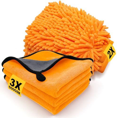 5 Pièces Kit Nettoyage Voiture avec 3 Chiffon Microfibre Voiture & 2 Gant Microfibre Voiture, 600 GSM Chiffon Sec pour un Polissage 100% Sans Rayures, Super Absorbant et Extrêmement Doux, 40x30cm