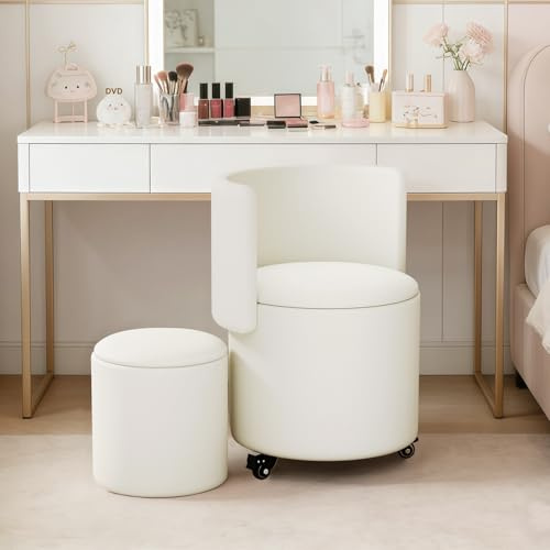 HDHNBA Silla cosmética con Ruedas y Espacio de Almacenamiento, Silla giratoria para Maquillaje con Respaldo abatible, pequeña otomana Acolchada de Cuero PU para dormitorios y Salones.