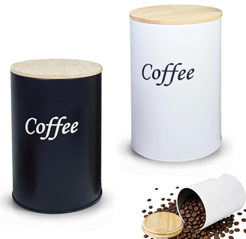 Foonary Set med 2 svarta och vita hermetiska kaffeburkar, 1 000 ml bambulock, förvaringsburkar för kaffebönor, malet kaffe, socker i bitar, sockerpulver och tepåsar