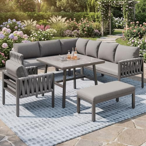 Ensemble Salon de Jardin Extérieur 6-10 Places avec Table en Verre Trempé, Salon Jardin Exterieur Canapé d'angle Moderne en Métal Galvanisé et Coussins, Gris Anthracite
