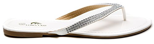 LONGCLASS Elegante Damen Flip Flops Excellence feine Sandaletten mit Absatz Zehentrenner Damen mit bequemer Sohle mit edlen Strass Glitzersteinen für Sommer Relaxen Hochzeit, Weiß, 40 EU