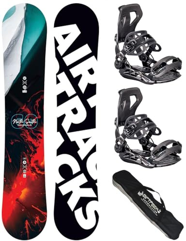 Airtracks Herren Snowboard Set Freeride Freestyle - North South Four Camber Wide Snowboard 150 - Softbindung Master M - SB Bag