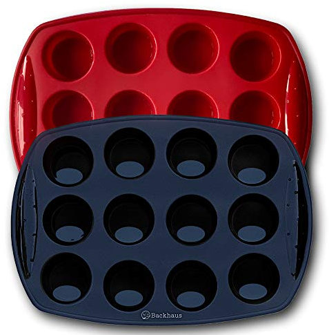 BACKHAUS Stampo per 12 Mini Muffins - Teglie da Forno, Set di Pasticceria Antiaderente in Silicone Platino di qualità Professionale (Rosso & Nero, 2)