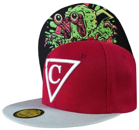 Capiche [99+ Modelli] Cappello Snapback Rosso Scuro, Occhi di Melma, Flatcap Uomini, Fullcap Unisex, Rosso, da Baseball e Bianco, Bordo con Lustrini, Grafica Mostro Verde
