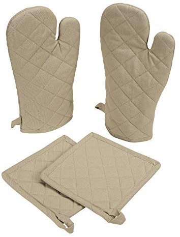 Native Fab Set di 4 - Guanti da forno cucina professionale resistenti al calore 2 e 2 Presine da Cucina, Cotone, Termoresistente, Antiscivolo, lavabile in lavatrice - Beige