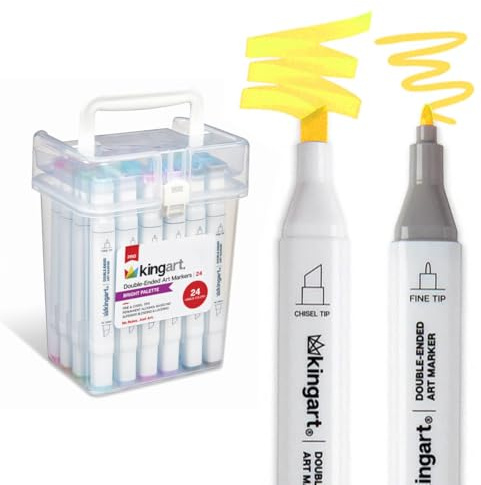 KINGART PRO Double-Ended Alcohol Ink Art Markers, 24 BRIGHT Colors, Fine Point & Chisel Tips, Permanent with Superior Blendability, Includes Plastic Case, 24 Pc.