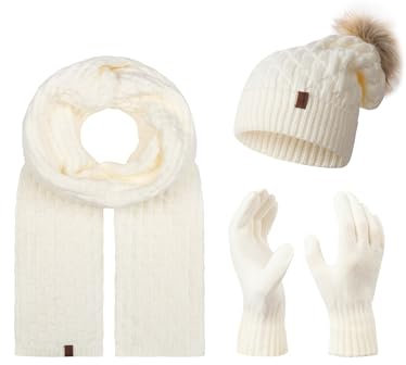 Rock Creek Winter Mütze mit Bommel Schal Set Geschenkset Wintermütze Winterschal Winterhandschuhe Herrenmütze Damenmütze U-102 Weiß Einheitsgröße