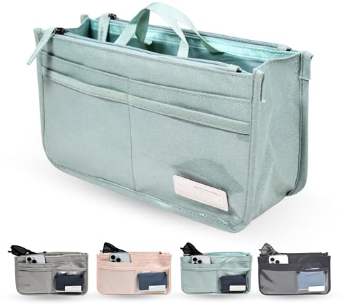 Organizador de bolsos de mujer insertable para interior de bolso, 2 asas, 13 compartimentos (10 bolsillos, 6 transparentes, 2 con cremallera, 1 central grande), ligero, poliéster 27,5x15,5x9,5cm VERDE