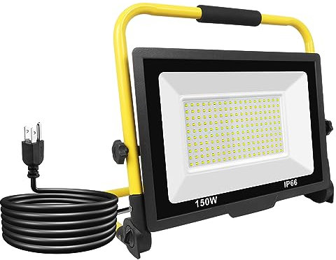 Faretto LED da Cantiere 150W, Willpower Faro LED Portatile 15000LM 6000K IP66 Impermeabile Cavo 3M Rotazione 180° con Staffa Pieghevole Lampada da Lavoro Proiettore LED per Esterno Officina Garage