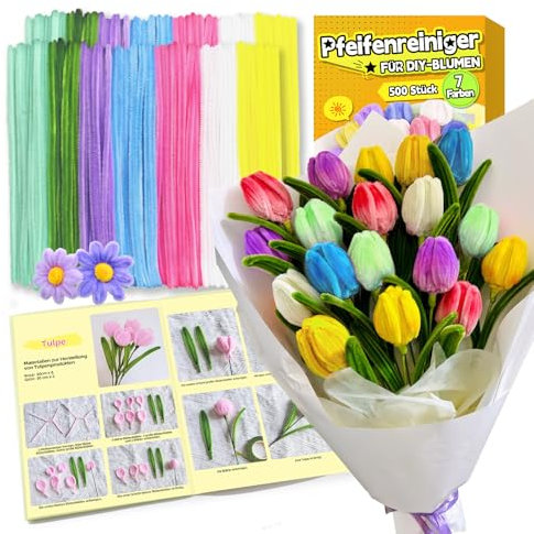 Pfeifenreiniger zum Basteln Set,500 Stück in 7 Farben Pfeifenputzer zum basteln,Pfeifenreiniger Blumen Mit Blumenstöcke,Klebebandrollen,Klebestifte,Anleitungen,Staubgefäße,Lidschatten