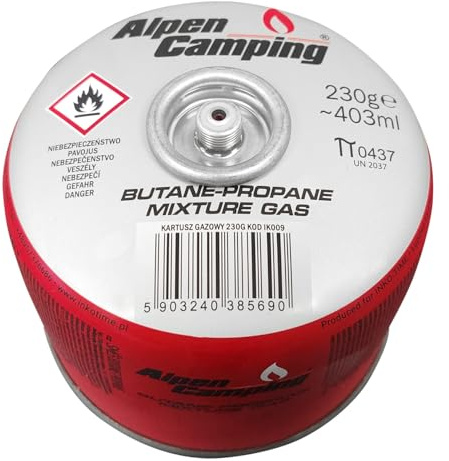 Alpen Camping Cartucho de Gas Butano y Propano 230 g, Rosca EN 417 7/16 Pulgadas, Cocina para Exteriores de Senderismo, Supervivencia, Fiable, 10 °C a +40 °C, Certificado PI 0656