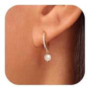HANLI Pearl Earrings for Women - Sterling Silver 14K Gold Plated Dainty Huggie Hoop Hoops Drop Dangle Hypoallergenic Earring Trendy Wedding Bridal Jewelry