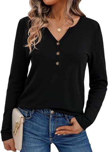 Litherday T-Shirts Femme Manches Longues Coton Tunique Blouse Col V avec Boutons Chic Henley Shirts Haut Basique