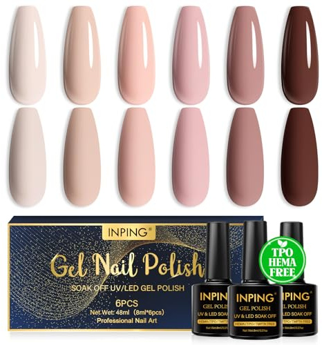 INPING Vernis Semi Permanent Sans HEMA TPO-FREE, 6 Couleurs Nude Rose Marron Vernis Gel UV Semi Permanent, Série Nude Vernis à Ongles Pour Débutant Cadeaux DIY Nail Art, 8 ML
