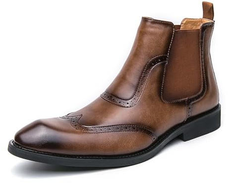 Generico Stivaletti Chelsea da Uomo in Pelle Sintetica Traspirante Slip-On con Fascia Elastica Stivali Eleganti Antiscivolo con Tacco Largo Scarpe Corte,Marrone,41 EU