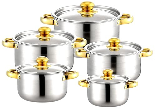 Topfset aus Edelstahl,10-teilig Töpfe Set mit Deckel und Stielkasserolle,Großes Kochgeschirr Induktion-Kochtopf-Set,Töpfe Set für alle Herdarten(Silber)