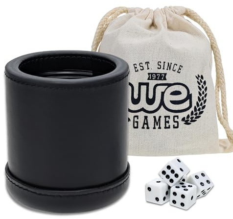 WE Games Professional Handmade Black Leather Dice Cup Set, Comes with 5 Standard Game Dice & Cloth Bag, Dice Roller for Liars Dice Farkle & Board Games, Durable Stitched Dice Cups