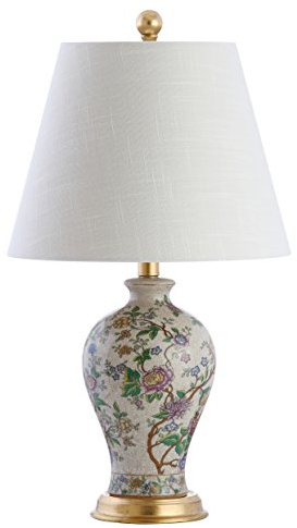 JONATHAN Y 24 Multi-Colored/Gold French Country Ceramic Floral Urn Table Lamp, White Linen Shade, Chinoiserie Ginger Jar Bedside Lamp for Living Room Bedroom, LED Bulb JYL3009A