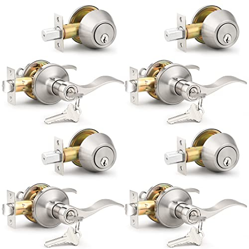 Probrico 4 Pack Keyed Alike Entry Handlset with Single Cylinder Deadbolts Combo Pack, Satin Nickel Door Lever for Front and Entrance Door, Interior and Exterior Entry Door Knobs Brushed Nickel