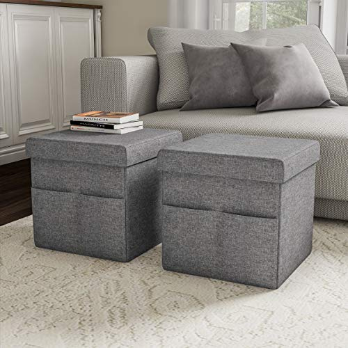 Set of 2 Ottomans with Storage Pockets - 15-Inch Folding Foot Rests or Storage Organizers for Bedroom, Living Room, or Dorm by Lavish Home (Gray)