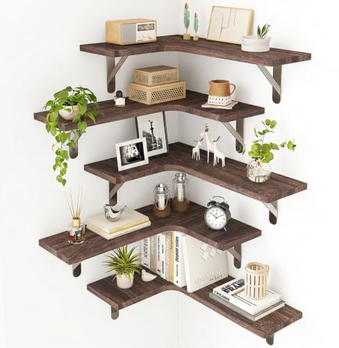 Fixwal Floating Shelves for Wall, Rustic Wood Wall Mounted Corner Shelf for Bathroom, Kitchen, Bedroom, Home Decor, Laundry Room, Living Room, Set of 5 (Walnut Brown)