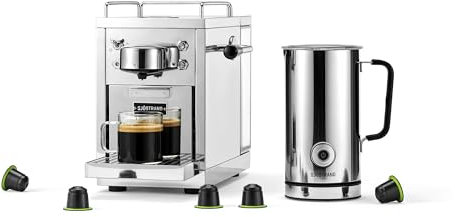Sjöstrand Espressomaschine & Milchaufschäumer Bundle - kompatibel mit Nespresso, Edelstahlgehäuse, Skandinavisches Design (Chrom)