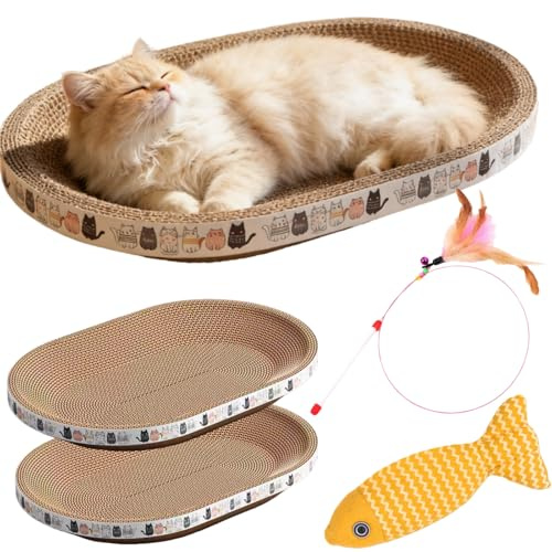Cat Scratcher Bed with Toys, 2 Pack Oval Cat Scratcher Cardboard, Indoor Cat Scratch Bowl, Large Pad Cat Scratching Board with Catnip Fish Toy & Feather Wand for Furniture Protector