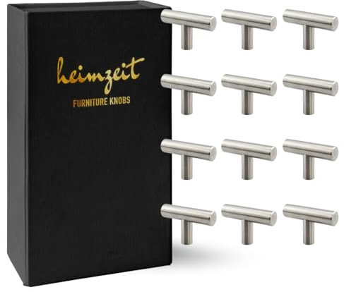 heimzeit Schrankknöpfe für Türen, Schubladen und Kommoden aus hochwertigem Edelstahl [12 Stück, T-förmig] Farbe: Silber, Stilvolles Design, Möbelknöpfe mit Einlochgriff und Schrauben