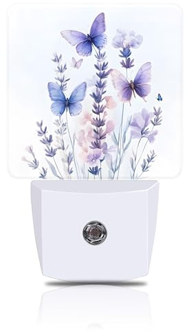 FOISIIAEA Night Light Watercolor Lavender Flower with Butterfly Night Lights Plug into Wall Smart Dusk to Dawn Sensor 0.5W Energy Efficient Led Lamp for Men Women Bedroom Hallway Stairway Decor